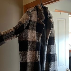 Long fuzzy plaid coat